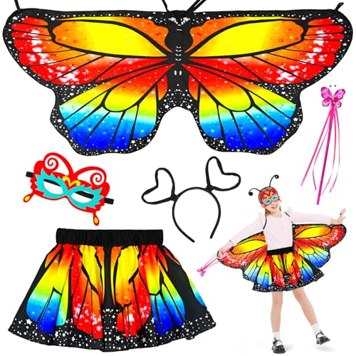 Ulikey Schmetterling Kostüm Kinder, 5 Stück Schmetterling Umhang Kinder Set mit Maske, Tutu Rock, Haarbänder und Feenstäbe, Schmetterling Umhang Kostüm für Mädchen Karneval Fasching Halloween (Rot) Ulikey Schmetterling Kostüm Kinder, 5 Stück Schmetterling Umhang Kinder Set mit Maske, Tutu Rock, Haarbänder und Feenstäbe, Schmetterling Umhang Kostüm für Mädchen Karneval Fasching Halloween (Rot) von Ulikey