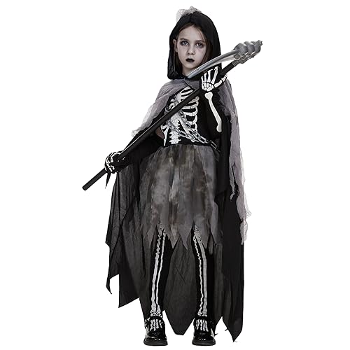 Ulikey Sensenmann Mädchen Kostüm, Sensemann Kostüm Kinder, Halloween Sensenmann Robe Set mit Kapuzengewand, Taillenkette, Skelett Handschuhe, Im Dunkeln Scream Kostüm für Halloween Cosplay(12-14Jahre) von Ulikey