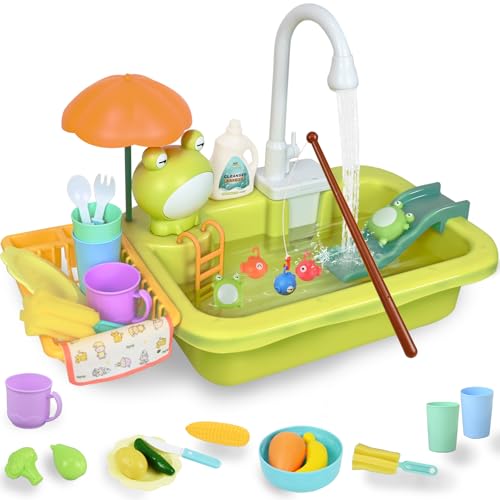 Ulikey Spielspüle Kinder, Küchenspüle Spielzeug Set mit Wasserkreislauf, 2-in-1 Elektrischem Wasserhahn, Schwimmendes Angelspielzeug, Schürze, Spielzeug Zubehör Küche Rollenspiel für Kinder 3+ (Grün) Ulikey Spielspüle Kinder, Küchenspüle Spielzeug Set mit Wasserkreislauf, 2-in-1 Elektrischem Wasserhahn, Schwimmendes Angelspielzeug, Schürze, Spielzeug Zubehör Küche Rollenspiel für Kinder 3+ (Grün) von Ulikey