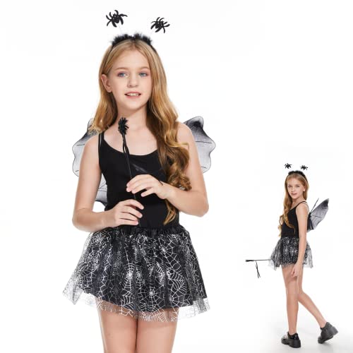 Ulikey Spinne Kostüm Mädchen, 4-teiliges Karneval Kostüm Spinne Kostüm, Feenkostüm Kinder mit Tiara, Flügel, Zauberstab und Tiara, Schmetterling Kostüm für Karneval Cosplay Party von Ulikey