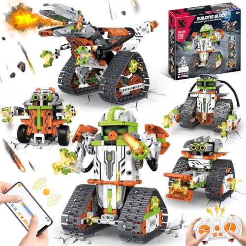 Ulikey Technik Ferngesteuert Bauspielzeug für Kinder, 5 in 1 Technik Roboter Kinder Spielzeug Roboter, Bagger, Bulldozer, Muldenkippe, Gabelstapler per APP und Fernbedienung Geschenk für 6-12 (Grün) von Ulikey