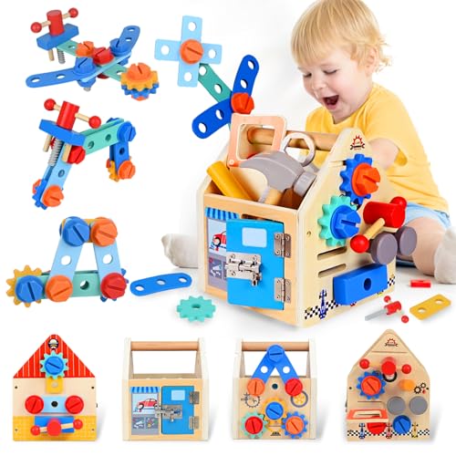 Ulikey Werkzeugkoffer Kinder Montessori Spielzeug, Werkbank Kinderwerkzeug Set mit Werkzeugkasten und 32 Stück Holzwerkzeug, Holzspielzeug Werkzeugkasten für Junge Mädchen ab 2 3 4 Jahre von Ulikey