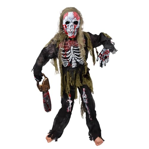 Ulikey Zombie Kostüm Kinder, Gruseliges Halloween Skelett Zombie Kostüm Kinder Set, Lebende Toten Zombie Kostüm mit Skelett Handschuhen, Zombie Maske, Hemd und Hose mit Knochen (XL) von Ulikey