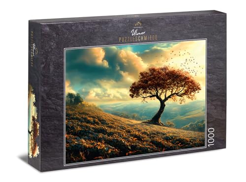 Ulmer Puzzleschmiede - 1000 Teile Puzzle „Herbstland“ - Einsamer Baum in der Herbst-Landschaft mit Hügeln im besonderen Licht - Puzzle-Qualität Made in Germany von Ulmer Puzzleschmiede
