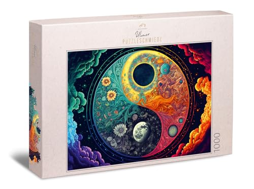 Ulmer Puzzleschmiede - 1000 Teile Puzzle „Quell und Gleichgewicht“ - Detailreiches Yin Yang Symbol mit kosmischen Elementen und farbintensiven Effekten - Puzzle-Qualität Made in Germany von Ulmer Puzzleschmiede