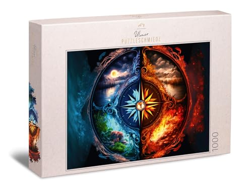 Ulmer Puzzleschmiede - 1000 Teile Puzzle Welten-Reise - energiereiches Kompass-Motiv im Fantasy-Design mit Feuer und Wasser in Yin Yang-Symbolik - Qualität Made in Germany von Ulmer Puzzleschmiede