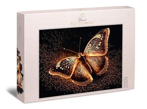 Ulmer Puzzleschmiede - Edles 2000 Teile Puzzle „Abendkleid“ - Schmetterling-Puzzle in Gold und Schwarz mit edlem Glanz - Der Schmetterling als stimmungsvolles Tierpuzzle von Ulmer Puzzleschmiede