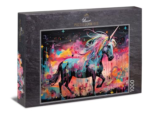 Ulmer Puzzleschmiede - Einhorn-Puzzle Unicorn 1000 Teile - das magische Einhorn vor abstraktem Farb-Hintergrund - Puzzle-Qualität Made in Germany von Ulmer Puzzleschmiede