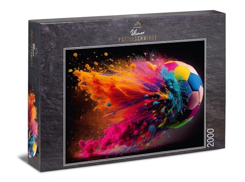 Ulmer Puzzleschmiede - Fußball-Puzzle 2000 Teile Volltreffer - Bunt explodierender Ball als schillernd inszeniertes Spektakel - aus der Kollektion Farben & Fantasy von Ulmer Puzzleschmiede