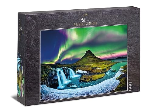 Ulmer Puzzleschmiede - Island-Puzzle „Berg & Licht“ – Klassisches 500 Teile Puzzle – Puzzlemotiv der Polarlichter über dem berühmten Kirkjufell-Berg - Landschaft unter Nordlichtern in Island von Ulmer Puzzleschmiede