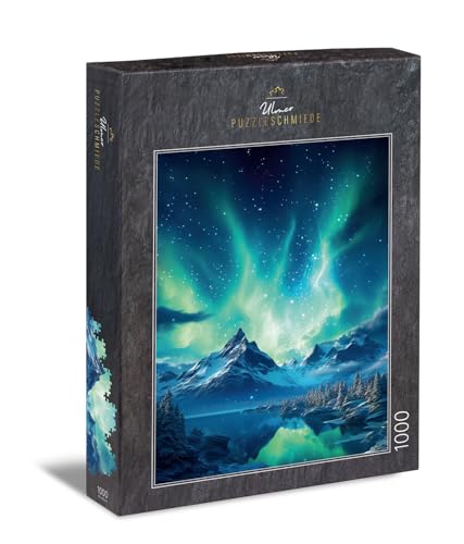 Ulmer Puzzleschmiede - Polarlicht-Puzzle Nordische Nacht - 1000 Teile Puzzle im Hochformat mit beeindruckenden Nordlichtern über Einer fantastischen nordischen Landschaft - Puzzle Made in Germany von Ulmer Puzzleschmiede