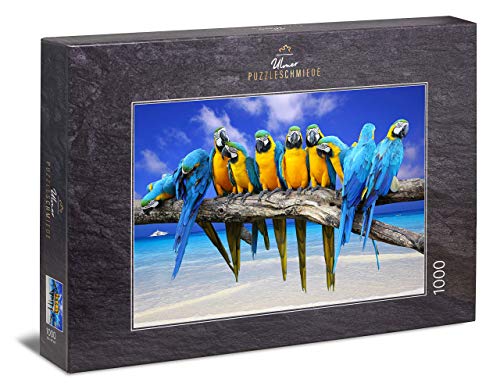 Ulmer Puzzleschmiede - Puzzle „Ausflug ans Meer“– Klassisches 1000 Teile Puzzle – Papagei-Motiv vor traumhaftem Südsee- und Karibik-Strand von Ulmer Puzzleschmiede