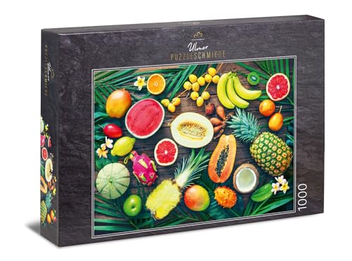 Ulmer Puzzleschmiede - Puzzle „Bunte Obst-Kiste“ - Klassisches 1000 Teile Puzzle zum Thema Essen – Frische exotische Früchte, inszeniert auf dunklem Holz-Hintergrund, als tropisches Puzzle-Erlebnis von Ulmer Puzzleschmiede