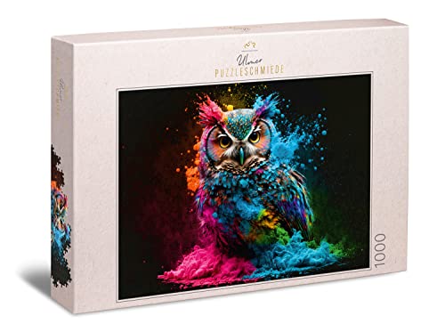 Ulmer Puzzleschmiede - Puzzle „Bunter Nachtvogel“ - Eulen-Portrait mit knalliger Farb-Explosion als 1000 Teile Puzzle - Motiv Eule aus der Puzzle-Kollektion Farben & Fantasy, Made in Germany von Ulmer Puzzleschmiede