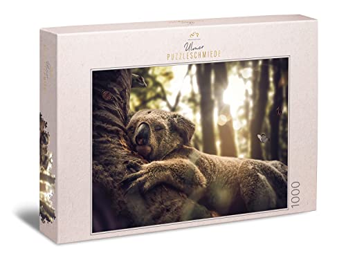 Ulmer Puzzleschmiede - Puzzle „Der Träumer“ - Koala startet gemütlich in den Tag - Angenehmes 1000 Teile Tiere-Puzzle aus Australien mit dem schlafenden Koalabär - Puzzle-Qualität Made in Germany von Ulmer Puzzleschmiede