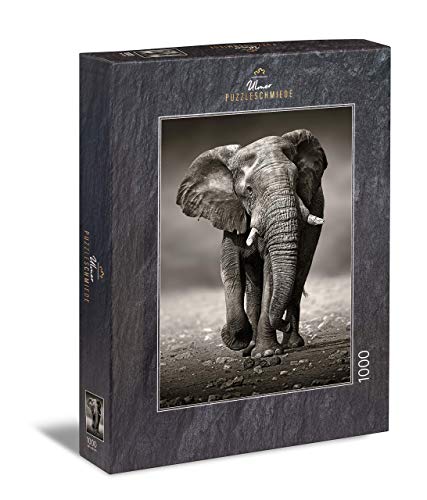 Ulmer Puzzleschmiede - Puzzle „Der Wanderer“– Klassisches 1000 Teile Puzzle – Puzzlemotiv eines imposanten, herannahenden Elefanten als schwarz-weiß-Fotografie von Ulmer Puzzleschmiede