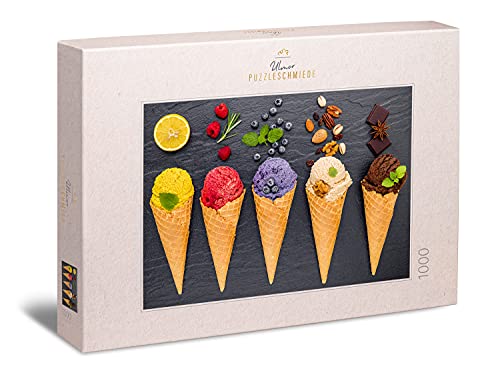 Ulmer Puzzleschmiede - Puzzle „Eiskalte Farben“ - Trendiges 1000 Teile Puzzle mit bunten EIS-Tüten – modern inszenierte Fotografie aus dem Bereich Essen und Küche als farbenfrohes Puzzle von Ulmer Puzzleschmiede