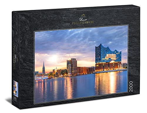 Ulmer Puzzleschmiede - Puzzle „Elphi“ - 2000 Teile Puzzle - die Elbphilharmonie in Hamburg – Konzerthalle und Wahrzeichen an der Elbe im Hafen der Hansestadt Hamburg, Norddeutschland von Ulmer Puzzleschmiede