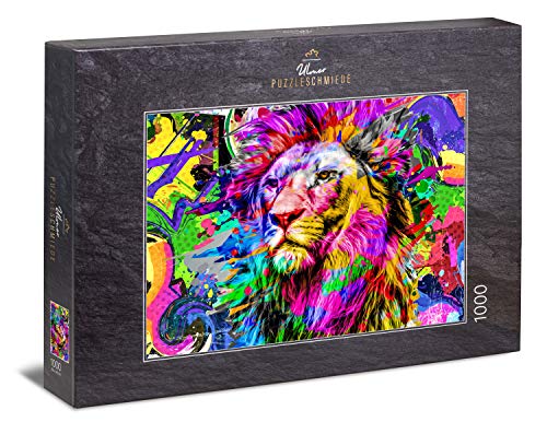 Ulmer Puzzleschmiede - Puzzle „Farben-Pracht“ - Modernes 1000 Teile Puzzle – farbenfrohes Puzzlemotiv eines majestätischen Löwen - abstraktes Gemälde als modernes Tierpuzzle von Ulmer Puzzleschmiede