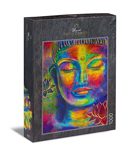 Ulmer Puzzleschmiede - Puzzle „Farbenreicher Buddha“ - Klassisches 1000 Teile Puzzle - Farbenfroh angereicherter Kopf des Buddha als ästhetisches Puzzlemotiv - Puzzle Made in Germany von Ulmer Puzzleschmiede