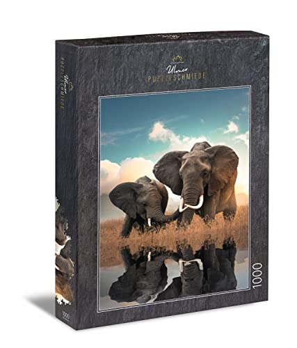 Ulmer Puzzleschmiede - Puzzle „Father & Son“ - Klassisches 1000 Teile Elefanten-Puzzle – Sympathisches Puzzlemotiv afrikanische Elefanten am Wasser - Tiere & Tierkinder als Puzzle Made in Germany von Ulmer Puzzleschmiede