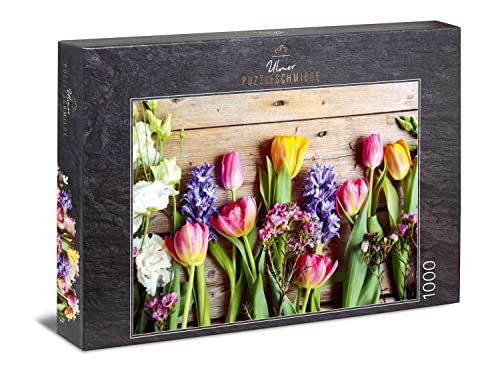 Ulmer Puzzleschmiede - Puzzle „Frühlingsboten“– Klassisches 1000 Teile Blumen-Puzzle – Vintage-Puzzlemotiv mit bunten Tulpen & Frühlingsblumen von Ulmer Puzzleschmiede