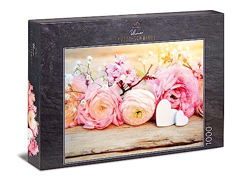 Ulmer Puzzleschmiede - Puzzle „Frühlingsgrüße“ – Klassisches 1000 Teile Puzzle – liebliches Vintage-Puzzlemotiv Rosen und Kirschblüten als romantischer Blumen-Gruß von Ulmer Puzzleschmiede
