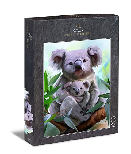 Ulmer Puzzleschmiede - Puzzle „Geborgenheit“ - Klassisches 1000 Teile Puzzle – Puzzlemotiv der fürsorglichen Koala-Mutter mit Kind - unser niedliches Tierbaby-Puzzle von Ulmer Puzzleschmiede