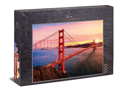 Ulmer Puzzleschmiede - Puzzle „Golden Gate Bridge“ – klassisches 1000 Teile Puzzle - Made in Germany - Das Wahrzeichen der USA, die Brücke über die Bucht von San Francisco in der Abendsonne von Ulmer Puzzleschmiede