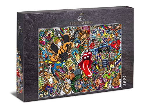 Ulmer Puzzleschmiede - Puzzle „Graffiti & Musik“ – Farbenfrohes 1000 Teile Kunst-Puzzle – Streetart-Graffiti mit bunten Bildelementen rund um Musik, Hip-Hop und Livestyle von Ulmer Puzzleschmiede