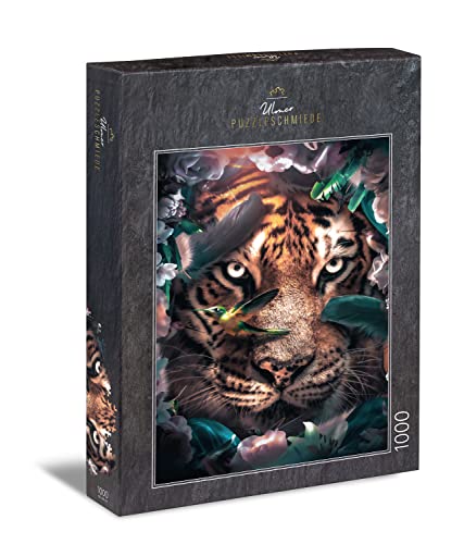 Ulmer Puzzleschmiede - Puzzle „Häuptlingsschmuck“ - Besonderes Tiger-Puzzle mit 1000 Teilen - Majestätisches Portrait des Tiger, geschmückt mit grünen Federn - Raffiniertes Erwachsenenpuzzle von Ulmer Puzzleschmiede