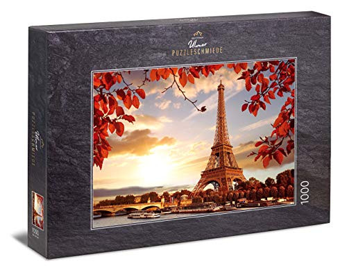 Ulmer Puzzleschmiede - Puzzle „Herbst in Paris“– Klassisches 1000 Teile Puzzle – Puzzlemotiv des Eiffelturm hinter der Seine und herbstlichen Blättern in Paris, Frankreich von Ulmer Puzzleschmiede