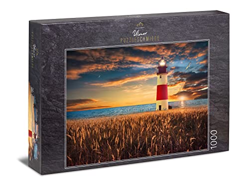 Ulmer Puzzleschmiede - Puzzle „Horizont“ - Klassisches 1000 Teile mit Leuchtturm am Meer - Das Licht auf dem Leuchtturm löst das Licht der Sonne ab und leitet den Abend EIN - Puzzle Made in Germany von Ulmer Puzzleschmiede