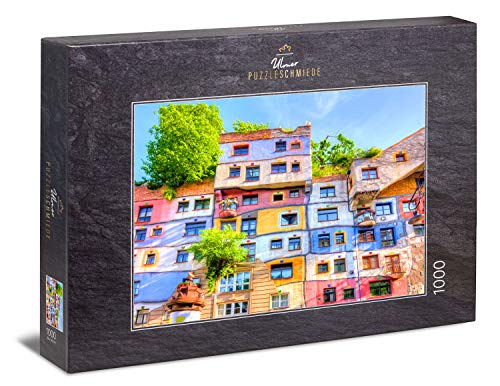 Ulmer Puzzleschmiede - Puzzle „Hundertwasser-Haus“ - Klassisches 1000 Teile Puzzle, Made in Germany – das Bunte Haus vom Künstler Friedensreich Hundertwasser in Wien, Österreich von Ulmer Puzzleschmiede