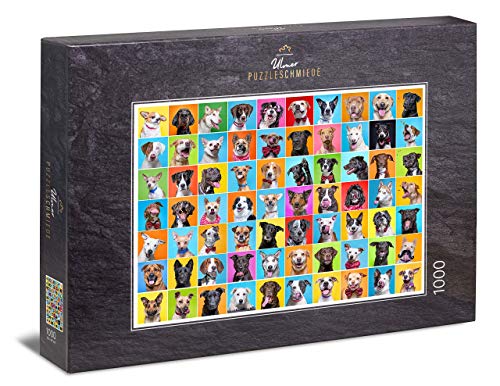 Ulmer Puzzleschmiede - Puzzle „Bunter Hund“– Klassisches 1000 Teile Puzzle – Puzzlemotiv als Collage mit 80 fröhlichen Hunde-Portraits von Ulmer Puzzleschmiede