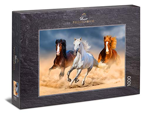 Ulmer Puzzleschmiede - Puzzle „Königinnen der Wüste“ - Klassisches 1000 Teile Puzzle – Puzzlemotiv kraftvoller Pferde beim Wüstenrennen - das Puzzle für Liebhaber der Araber-Pferde von Ulmer Puzzleschmiede