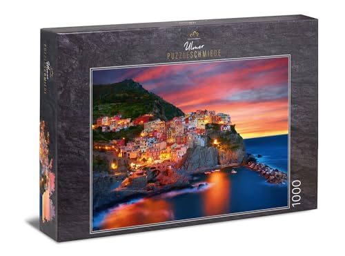 Ulmer Puzzleschmiede - Puzzle „Manarola“ – Klassisches 1000 Teile Italien-Puzzle – Puzzlemotiv von Cinque Terre, italienische Riviera, im Abendrot von Ulmer Puzzleschmiede