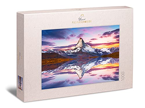 Ulmer Puzzleschmiede - Puzzle „Matterhorn“ - Klassisches 1000 Teile Berg-Puzzle – Das schneebedeckte Horu im Spiegel des See-Wassers - beeindruckende Landschaft der Walliser Alpen, Zermatt, Schweiz von Ulmer Puzzleschmiede