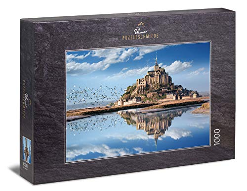 Ulmer Puzzleschmiede - Puzzle „Schloss Mont Saint-Michel“ – Klassisches 1000 Teile Puzzle – Puzzlemotiv der berühmten Felseninsel in der Normandie mit den Gezeiten von Ulmer Puzzleschmiede