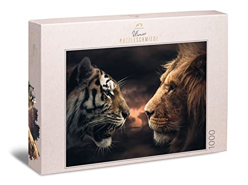 Ulmer Puzzleschmiede - Puzzle „Rumble in The Jungle“ - Eindrucksvolles 1000 Teile Puzzle mit Löwe und Tiger - Wer ist König im Reich der Tiere - prächtig inszeniertes Raubkatzen-Puzzle für Erwachsene von Ulmer Puzzleschmiede