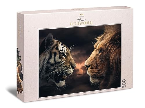Ulmer Puzzleschmiede - Puzzle „Rumble in The Jungle“ - Eindrucksvolles 500 Teile Puzzle mit Löwe und Tiger - Wer ist König im Reich der Tiere - prächtig inszeniertes Raubkatzen-Puzzle für Erwachsene von Ulmer Puzzleschmiede