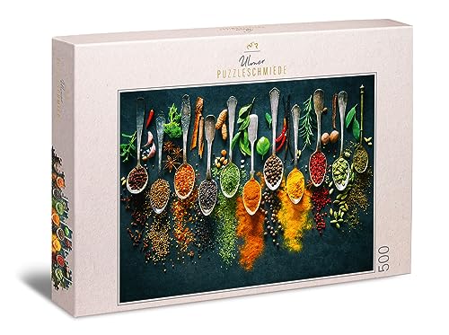 Ulmer Puzzleschmiede - Puzzle „Scharfe Farben“ – Klassisches 500 Teile Puzzle – Puzzlemotiv Kräuter & Gewürze, als moderner Eyecatcher in Einer stilvollen Küchen-& Wandgestaltung von Ulmer Puzzleschmiede