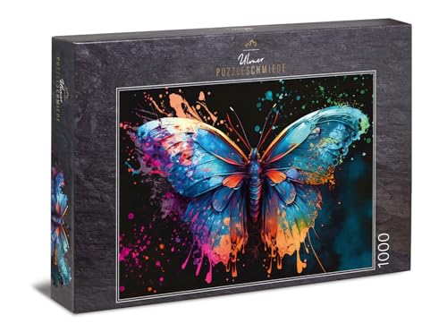 Ulmer Puzzleschmiede - Puzzle 1000 Teile „Magic Butterfly“ - Farbenfroher Schmetterling mit knalliger Farb-Explosion auf schwarzem Hintergrund - Puzzle-Kollektion Farben & Fantasy, Made in Germany von Ulmer Puzzleschmiede
