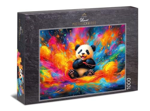 Ulmer Puzzleschmiede - Puzzle 1000 Teile „The Dreaming Panda“ - Fantastische Farbwolken zerstäuben rund um das lachenden Panda-Kind - EIN Traum vom Spielen - Puzzlequalität Made in Germany von Ulmer Puzzleschmiede