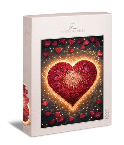 Ulmer Puzzleschmiede - Puzzle 1000 Teile Herz-Mandala - mit Rosenblättern gezeichnetes Liebes-Symbol in feinen Lichtern - Puzzle zum Valentinstag - Made in Germany von Ulmer Puzzleschmiede