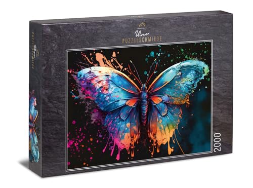 Ulmer Puzzleschmiede - Puzzle 2000 Teile „Magic Butterfly“ - Farbenfroher Schmetterling mit knalliger Farb-Explosion auf schwarzem Hintergrund - Puzzle-Kollektion Farben & Fantasy von Ulmer Puzzleschmiede