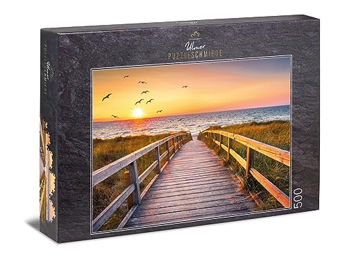 Ulmer Puzzleschmiede - Puzzle Abendstunde auf Sylt - klassisches 500 Teile Puzzle - Nordsee-Motiv mit Sonnenuntergang über den Dünen am Strand von Sylt, Deutschland von Ulmer Puzzleschmiede