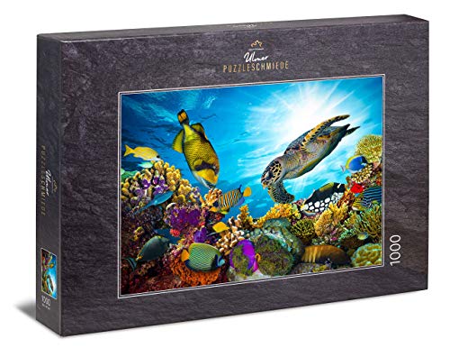 Ulmer Puzzleschmiede - Puzzle Farben-Meer - klassisches 1000 Teile Unterwasser-Puzzle - die Bunte Unterwasserwelt mit Meeresschildkröte, Fischen und Korallen im blauen Ozean von Ulmer Puzzleschmiede
