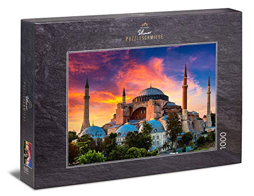 Ulmer Puzzleschmiede - Puzzle Istanbul - klassisches 1000 Teile Puzzle - Puzzlemotiv der Hagia Sophia vor leuchtendem Abendhimmel, Istanbul, Türkei von Ulmer Puzzleschmiede