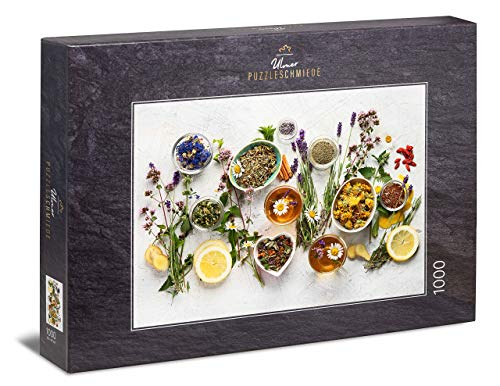Ulmer Puzzleschmiede - Puzzle Kräuter und Tee - klassisches 1000 Teile Puzzle - Tee-Zutaten mit markanten Formen und Farben - Moderne Puzzles zum Thema Essen und Trinken von Ulmer Puzzleschmiede